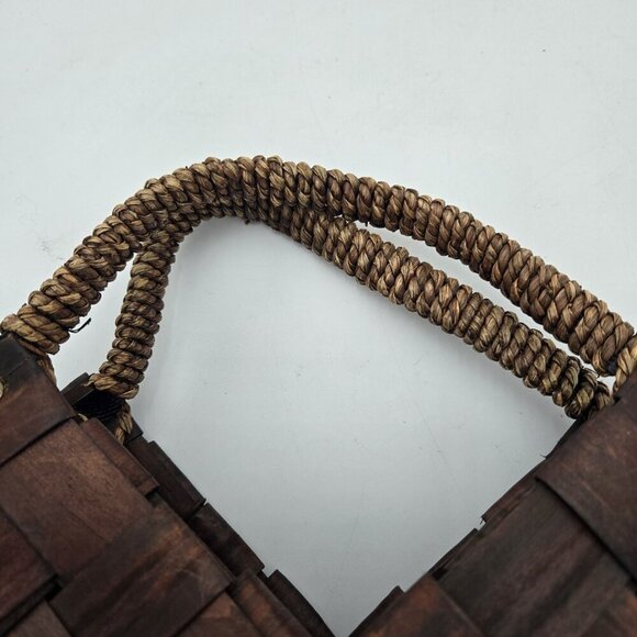 Dark Brown Wood Basket Weave Handbag Womens Medium Handles Coastal Cottagecore - Picture 8 of 14